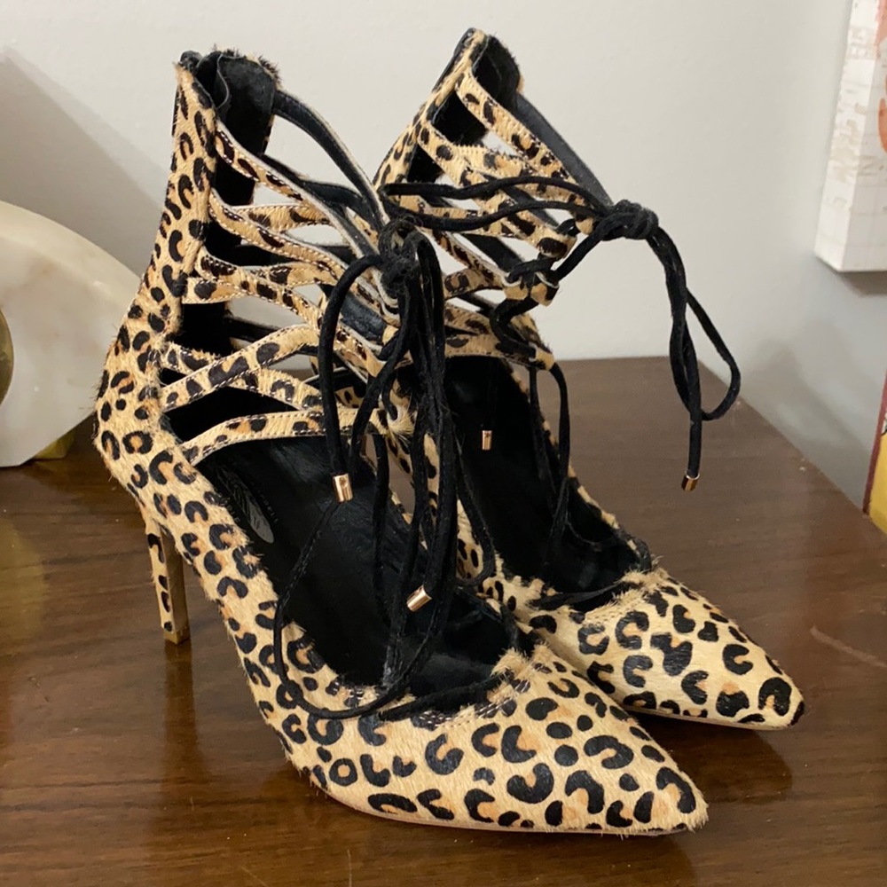Free People Leopard Print Lace Up Zipper Heels 6.5